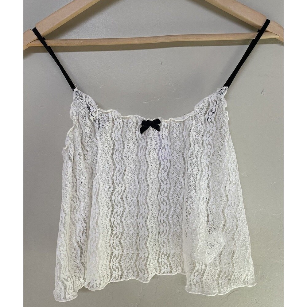 Out From Under Sheer White Lace Black Bow Croquette Top Blouse Medium
